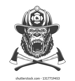 Ferocious gorilla head in firefighter helmet with crossed axes in vintage monochrome style isolated vector illustration
