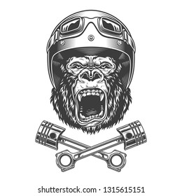 Ferocious gorilla head in motorcycle helmet and goggles with crossed engine pistons in vintage monochrome style isolated vector illustration