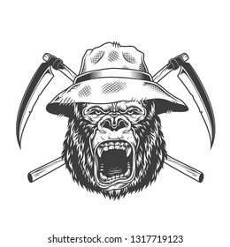 Ferocious gorilla head in panama hat with crossed scythes in vintage monochrome style isolated vector illustration
