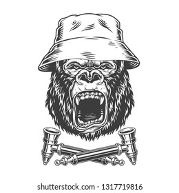 Ferocious gorilla head in panama hat with crossed smoking pipes in vintage monochrome style isolated vector illustration