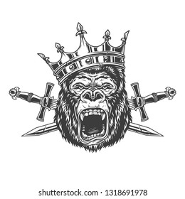 Ferocious gorilla king head in crown with crossed daggers in vintage monochrome style isolated vector illustration