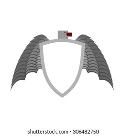 Ferocious gray bird heraldic element for coat of arms. White shield is a symbol of protection.
