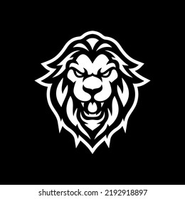 Ferocious lion line art logo design. Lion head hair mane crest vector icon on dark background