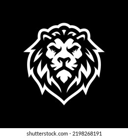 Ferocious lion line art logo design. Lion head hair mane crest vector icon on dark background