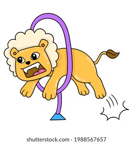 el león feroz jugando a la acrobacia saltando, ilustración vectorial art. doodle icono imagen kawaii.