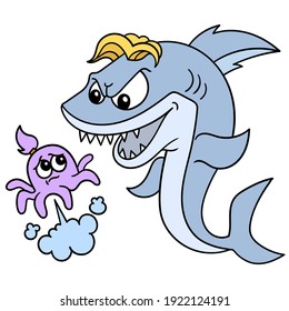 A ferocious shark is eyeing a small octopus which is scared and cornered, doodle draw kawaii. vector illustration art