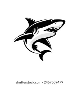 ferocious shark with fangs and open mouth vector illustration, black and white color