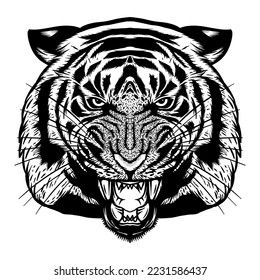 Ferocious tiger head - hand drawn - vector illustration - Out line