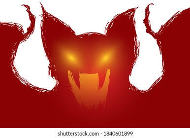 Ferocious vampire red silhouette in hand drawn style with menacing glowing eyes and scream gesture.