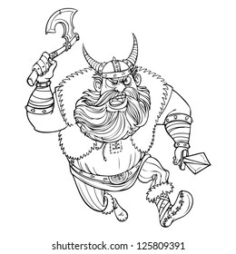 Ferocious Viking running with an ax at the enemy line drawing