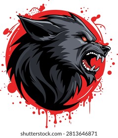 A ferocious werewolf head, with evident blood splatter that accentuates its ferocious nature.