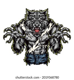 Ferocious werewolf monster colorful concept in vintage style isolated vector illustration