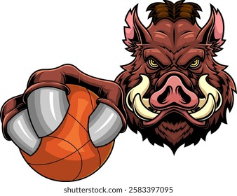 Ferocious Wild Boar Clawing Basketball Sports Mascot Logo Design. Vector Hand Drawn Illustration Isolated On Transparent Background