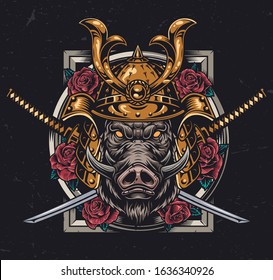 Ferocious wild boar head in samurai helmet with rose flowers and crossed swords in vintage style isolated vector illustration