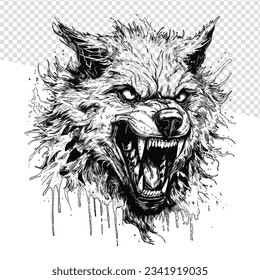 Ferocious Wolf: Hand-Drawn Black and White Flash Tattoo with Intricate Outline, Perfect for Coloring Pages - Doodle Art Vector, Transparent Background