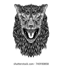 Ferocious wolf head. Angry front face of roaring werewolf. Tattoo flash concept isolated on background. Halloween concept. Vector.