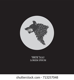 Ferocious wolf. White circle.  Vector heraldic symbol. Emblem, sticker. Vector image with text on black background.