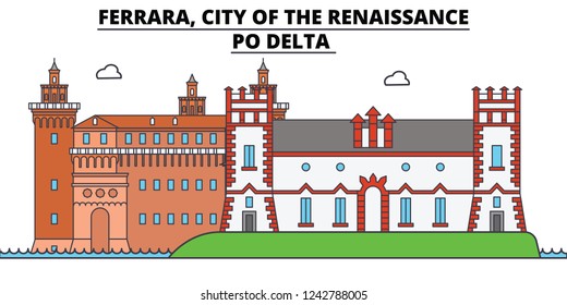 Ferrara, City Of The Renaissance - Po Delta  line travel landmark, skyline, vector design. Ferrara, City Of The Renaissance - Po Delta  linear illustration. 