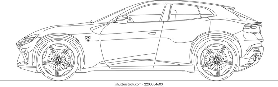 Ferrari Purosangue (thoroughbred Horse) Super Car, Maranello, Italy, Year 2022, Italian Design Crossover Suv Car, Vector Illustration Outline