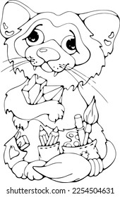 Ferret the Artist holding gemstones - cute positive cartoon doodle outline vector isolated illustration, for children books, coloring pages, logo, mascot or textile printing