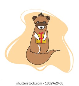 Ferret with a gift box in its paws. Animals illustration in flat style