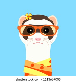 Ferret girl portrait with orange glasses and scarff. Vector illustration.