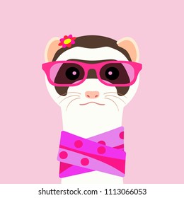 Ferret girl portrait with pink glasses and scarf. Vector illustration.