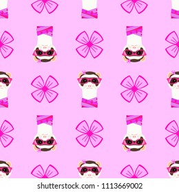 Ferret girl portrait with pink glasses and scarff. Seamless pattern. Vector illustration.