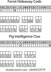 Vetor de quebra-cabeças de grade alfabética de pistas de inteligência de porcos e código de refúgio de furões
