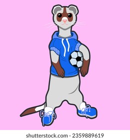 Ferret icon of an athlete with a ball on the front. Mink mascot. Cartoon vector mink icon for web design