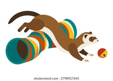 Ferret jumping through tunnel, pet play tube, animal ball toy, action ferret illustration, colorful fun.