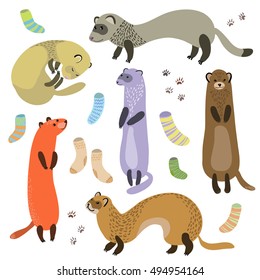 ferret, socks and paw prints vector illustration.
