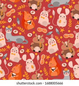 Ferret, squirrel, hare, hamster character seamless pattern, banner. Design wildlife, nature, rodent, flat vector illustration. Wrapping design paper, packaging for forest animal life item