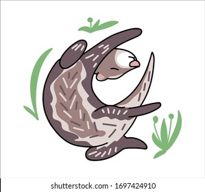 Ferret vector illustration. Hand drawn cute Mustela putorius furo with leaves.