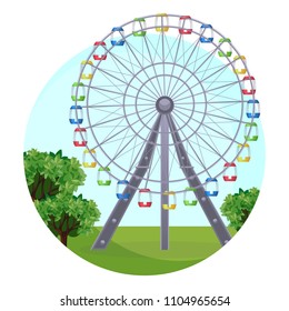 Ferris big observation rotating wheel in park at green leaves