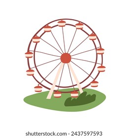 Ferris or Observation wheel. Roundabout attraction in amusement park. Funfair carousel, festive turning carrousel with cabins. Summer outdoor entertainment. Flat isolated vector illustration on white