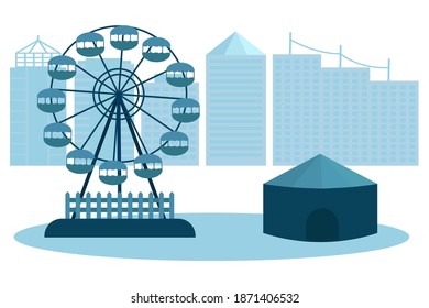 Ferris wheel against the background of the city. There is a tent near the wheel. Monochrome, blue.