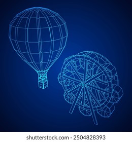 Rueda de la fortuna con el parque de atracciones del giro del globo aerostático. Ilustración vectorial de malla de polietileno baja.