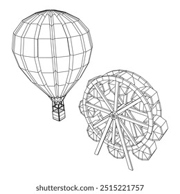 Roda gigante com balão de ar girando parque de diversões. Ilustração do vetor de malha de baixo poli do modelo de arames.