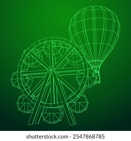 Rueda de la fortuna con el parque de atracciones del giro del globo aerostático. Ilustración vectorial de malla de polietileno baja.