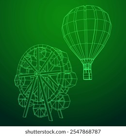 Rueda de la fortuna con el parque de atracciones del giro del globo aerostático. Ilustración vectorial de malla de polietileno baja.