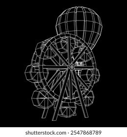 Rueda de la fortuna con el parque de atracciones del giro del globo aerostático. Ilustración vectorial de malla de polietileno baja.