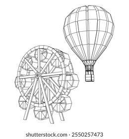 Rueda de la fortuna con el parque de atracciones del giro del globo aerostático. Ilustración vectorial de malla de polietileno baja.