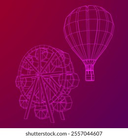 Ferris wheel with airballoon spinning amusement park. Wireframe low poly mesh vector illustration.