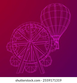 Ferris wheel with airballoon spinning amusement park. Wireframe low poly mesh vector illustration.