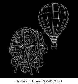 Ferris wheel with airballoon spinning amusement park. Wireframe low poly mesh vector illustration.