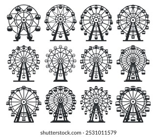 Ferris wheel amusement park black silhouette set vector flat illustration. Round entertainment attraction carousel construction roundabout joyful high ride motion with cabin different shape