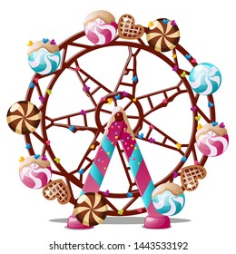 Ferris wheel with candy isolated on white background. Vector cartoon close-up illustration.