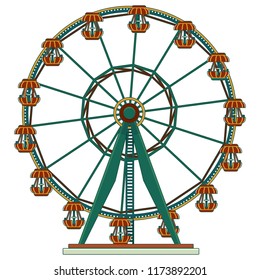 Ferris wheel Carousel amusement park in flat cartoon style, vector isolated on white illustration