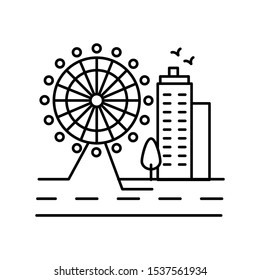 Ferris wheel in the city line icon, outline vector sign, linear style pictogram isolated on white. Symbol, logo illustration. Editable stroke. Pixel perfect vector graphics